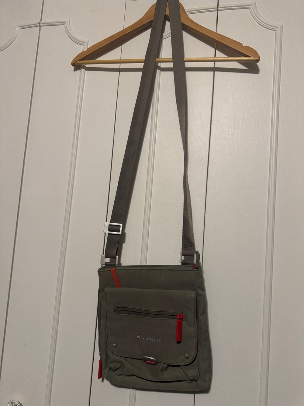 Sherpani Olive Messenger Bag with Red Accents